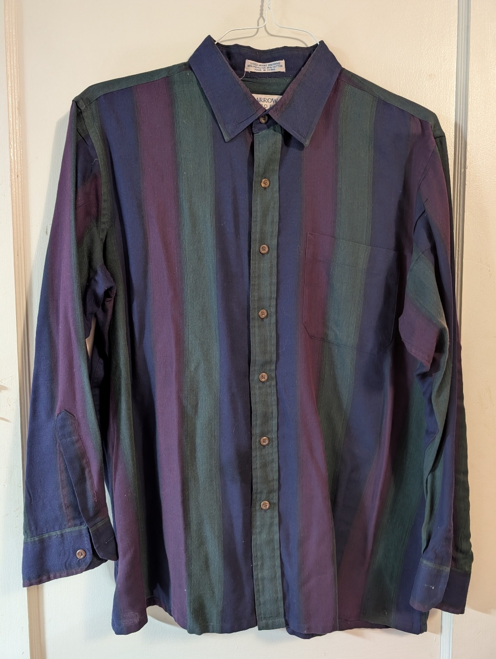 Arrow Sport Men's Vertical Stripe Button-Down Shirt in Blue/Green/Purple